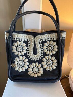 Brighton Crown Jewel Winslet Handbag Navy Blue Leather Floral Beaded Tote Bag